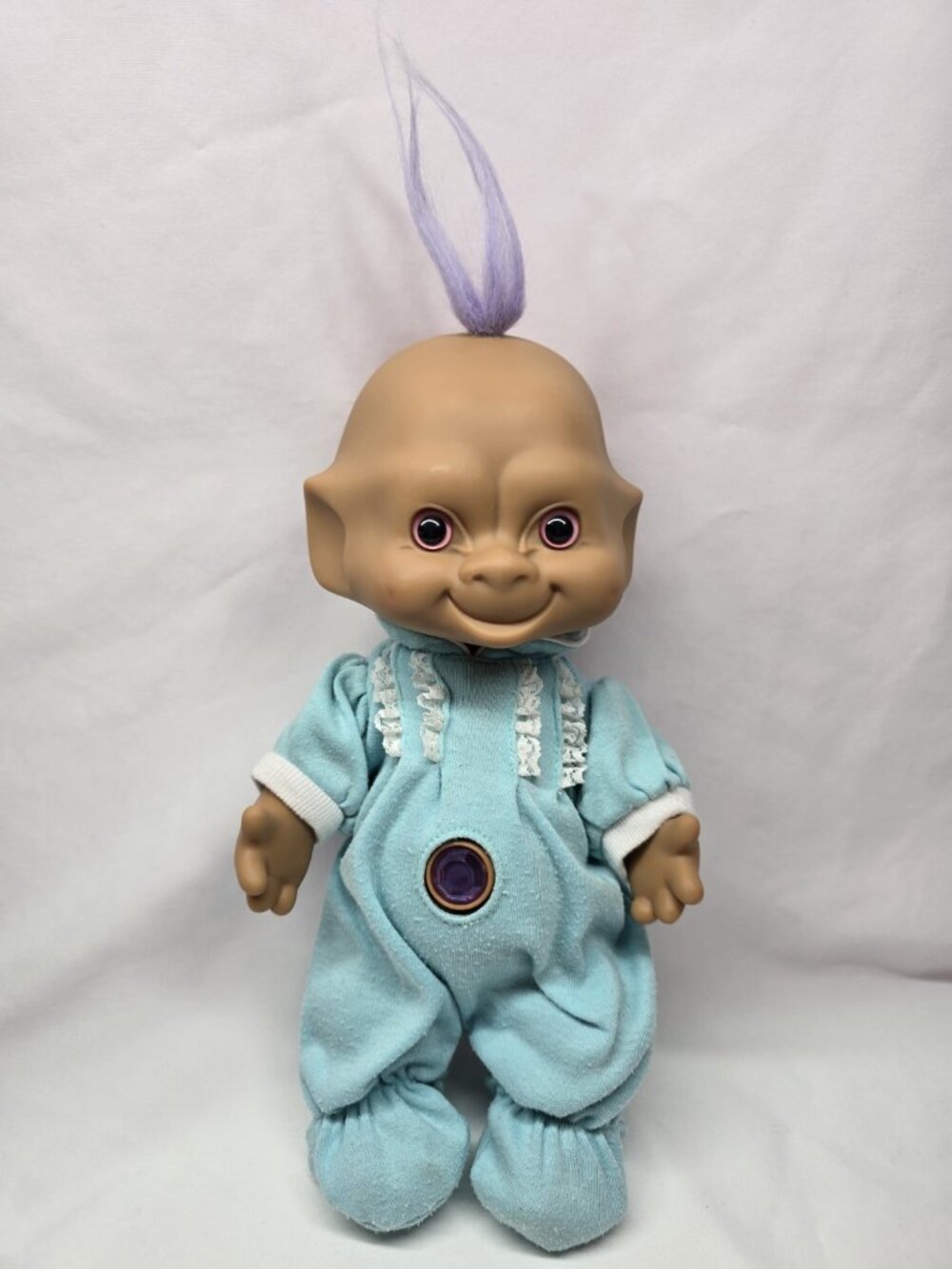 Vintage Ace Novelty Newborn Baby Treasure Troll 11” Doll Purple Hair And Gem